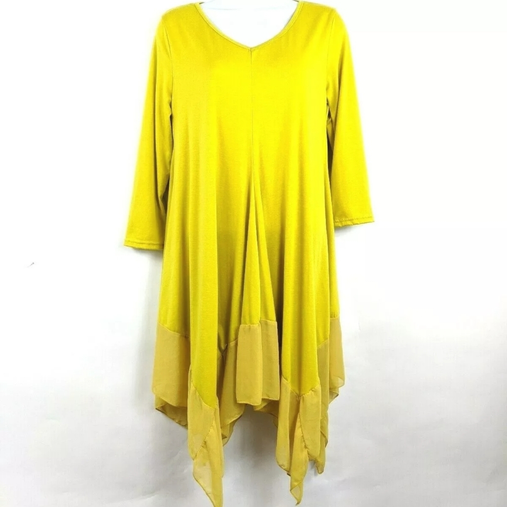 Yellow Waterfall Sheer Hem Dress Flowy Long Sleeve Lagenlook Sz S